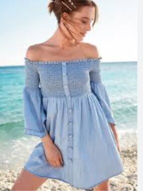 VENUS Light Blue Off-Shoulder Smocked Button-Front Mini Dress